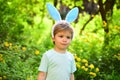 Little boy child in green forest. Happy easter. Childhood. Egg hunt on spring holiday. Rabbit kid with bunny ears. Hare Royalty Free Stock Photo