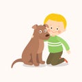 Little boy, child, kid with a brown dog friend, companion.