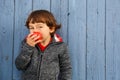 Little boy child kid eating apple fruit smiling healthy