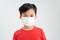 Little boy, a child in a medical mask on a white background. The concept of an epidemic, influenza, protection from disease,