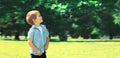 Little boy child outdoors in summer green sunny park and looking up at tree enjoying beautiful nature, blank copy space Royalty Free Stock Photo