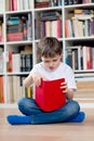 Little boy child reading a red book in the library. Royalty Free Stock Photo