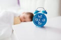 Little boy child sleeping in bed. Hugging his favourite teddy bear Royalty Free Stock Photo