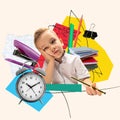 Little boy, child, student feeling bored and unmotivated to study and doing homework. Contemporary art collage. Royalty Free Stock Photo