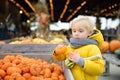 Little boy choose right pumpkin on a farm at autumn. Preschooler child hold a orange pumpkin Royalty Free Stock Photo