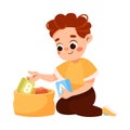 Little Boy Cleaning Gathering Toy Blocks in Container Vector Illustration