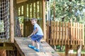 Little boy climbing on a wooden playground in rope park. Kid play outdoors warm sunny summer day Royalty Free Stock Photo