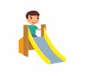 Little boy climbs a children`s slide. Joyful child, summer vacation Royalty Free Stock Photo