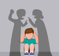 Little boy close ear behind shadow sillhouette parent fight, upset tired son suffering from mom and dad arguing, parental conflict