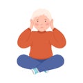 Little Boy Closing His Ears for Stopping Hearing Something Vector Illustration