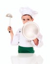 Little boy cook threaten