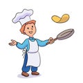 Little boy cook tossing pancakes in frying pan