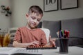 Little boy Counting with help an abacus. Mental arithmetic, brain development Royalty Free Stock Photo