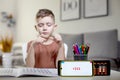 Little boy counting with the help of mental arithmetic. Mathematics in pleasure Royalty Free Stock Photo