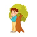 Little Boy Counting Standing Near Tree Playing Hide and Seek Game and Having Fun Vector Illustration