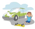Little boy crashed on skateboard collides with car Royalty Free Stock Photo