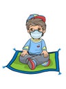 Little boy cross his legged sitting on fitness floor mat in mask, learning at home, meditation