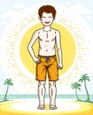 Little boy cute child standing wearing fashionable beach shorts. Vector character.