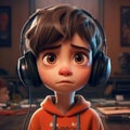 little boy with cute expression, innocent and adorable is enjoying music from headphone