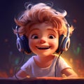 little boy with cute expression, innocent and adorable is enjoying music from headphone