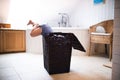 Toddler boy in a dangerous situation in the bathroom. Royalty Free Stock Photo