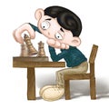 boy playing chess feeling bored, looking at the chess figure