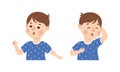 Little Boy Demonstrating Facial Expression and Emotion Pointing Finger and Holding Head Feeling Dizziness Vector Set