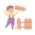 Little Boy Destroy Fence Having Bad Behavior Vector Illustration