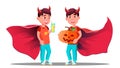 Little Boy With Devil Horns, Cloak And Holding Pumpkin In Hands Vector. Halloween Isolated Illustration Royalty Free Stock Photo