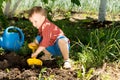 Little boy digging with a toy spade