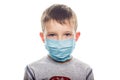 Little boy in a disposable mask on a light background. Kid is wearing the mask for protect them self from virus and air pollution Royalty Free Stock Photo