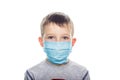 Little boy in a disposable mask on a light background. Kid is wearing the mask for protect them self from virus and air pollution Royalty Free Stock Photo