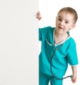 Little boy in doctor suit behind blank banner isolated Royalty Free Stock Photo