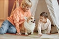 Little boy with down syndrome playing with mom and dog