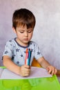 Little boy drawing with color pencils. There are many colored pencils in the boy`s hands. Small boy draws at the table