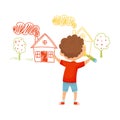 Little Boy Drawing House with Pencil on the Wall Vector Illustration Royalty Free Stock Photo