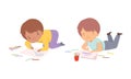 Little Boy Drawing on Paper with Colored Pencil Lying on the Floor Vector Set