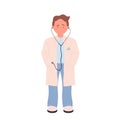 Little boy dreaming to be professional doctor in uniform coat