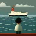 little boy dreams of becoming a sailor by looking at a ship in the distance in the middle of the sea Royalty Free Stock Photo