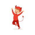 Little boy dressed as a devil, cute kid in a red halloween costume vector Illustration