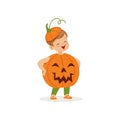 Little boy dressed as a pumpkin, cute kid in halloween costume vector Illustration