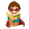 Little boy dressed as a superhero reading a comic book