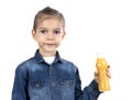 Little boy is drinking fresh juice on white background Royalty Free Stock Photo