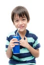 Little boy drinking soft drink can on white background Royalty Free Stock Photo