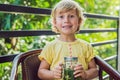 A little boy drinks water with mint and lime. Drink more water c Royalty Free Stock Photo