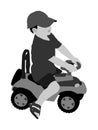 Little boy driving mini car vector illustration. Child with toy automobile. Kid driving pedal car. Happy toddler playing outdoor. Royalty Free Stock Photo