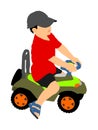 Little boy driving mini car vector illustration. Child with toy automobile. Kid driving pedal car. Happy toddler playing outdoor. Royalty Free Stock Photo