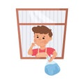 Little Boy Drop Water Bag from Window Having Bad Behavior Vector Illustration