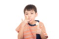 Little boy eating chocolate icecream with happy face summer time Royalty Free Stock Photo