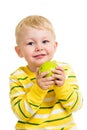 Little boy eating green apple